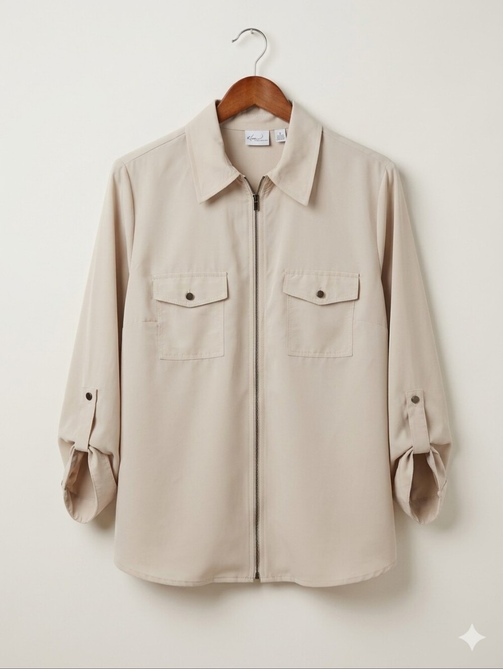 Kim Rogers Beige Zip Up Utility Jacket Shirt Size L